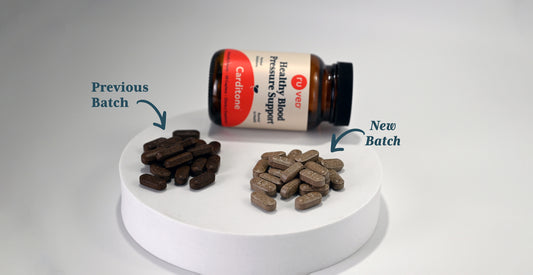 A comparison image for two separate batches of Carditone. The previous batch looks darker and the new, current batch is lighter and smells slightly different. 