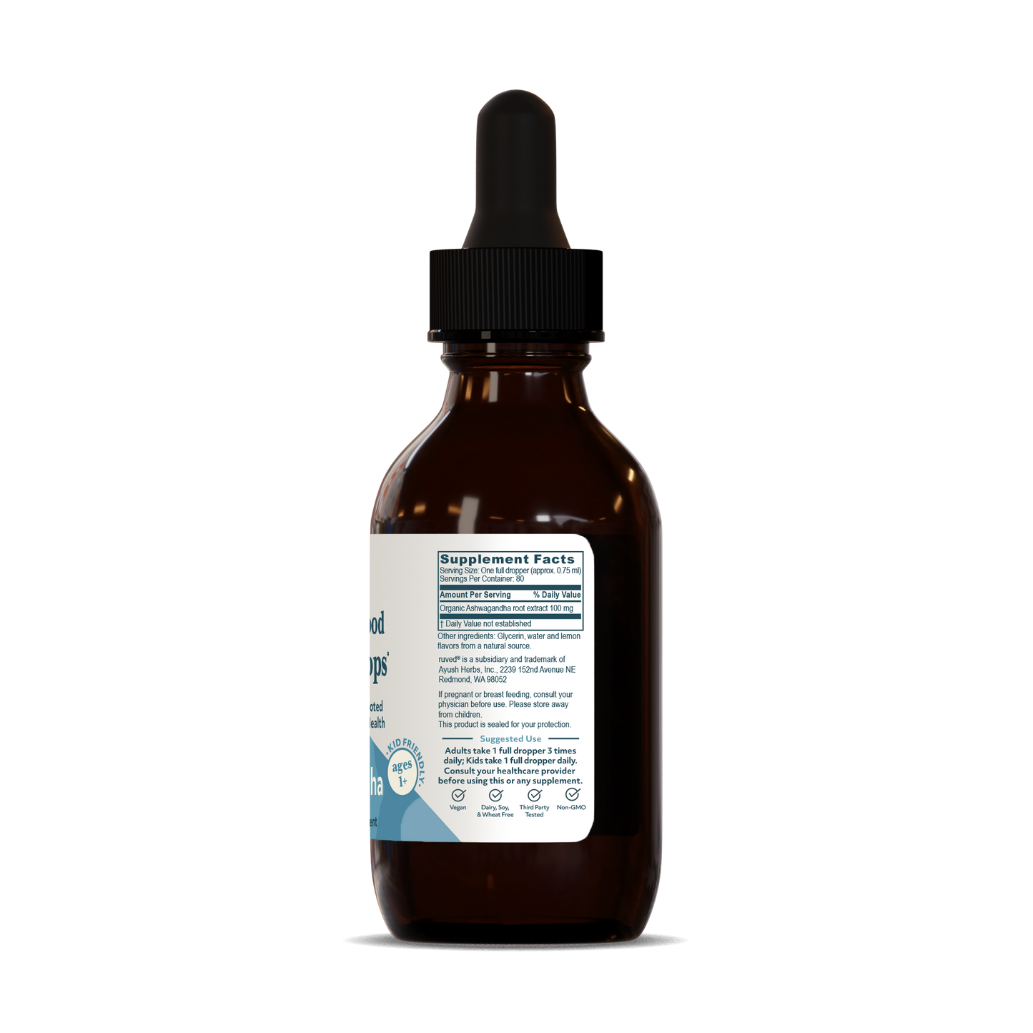 Ashwagandha Drops Supplement Facts Side - Organic Herbal Extract Tincture, 60ml Bottle, Stress Relief and Energy Support.