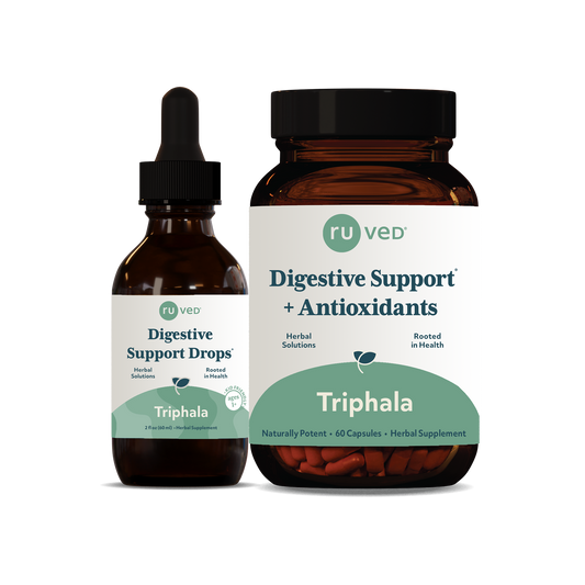 Triphala Capsules and Drops - Ayurvedic Digestive Support, 60 Vegetarian Capsules, 60ml Bottle, Herbal Blend for Gut Health and Digestion Detoxification.