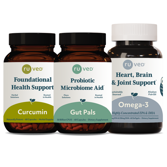 Foundational Wellness Bundle, 120 capsules, 60 Softgels. Featuring 3 products: Curcumin, Gut Pals, and Omega-3 for Digestion, Gut, & Heart Wellness.
