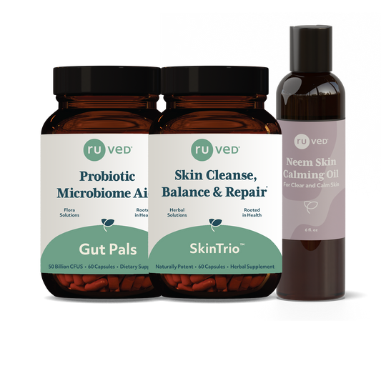 Healthy Skin Bundle, 120 capsules, 6 fl. oz oil. Featuring 3 products: Gut Pals, Skintrio, and Neem Skin Calming Oil for Skin and Collagen Wellness.