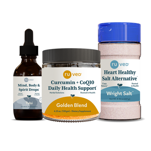 Healthy Kitchen Adventure Bundle, 60 ml drops, 120g, 237g. Featuring 3 products: Tulsi Drops, Golden Blend, and Wright Salt for Body, Mind, & Food Wellness.