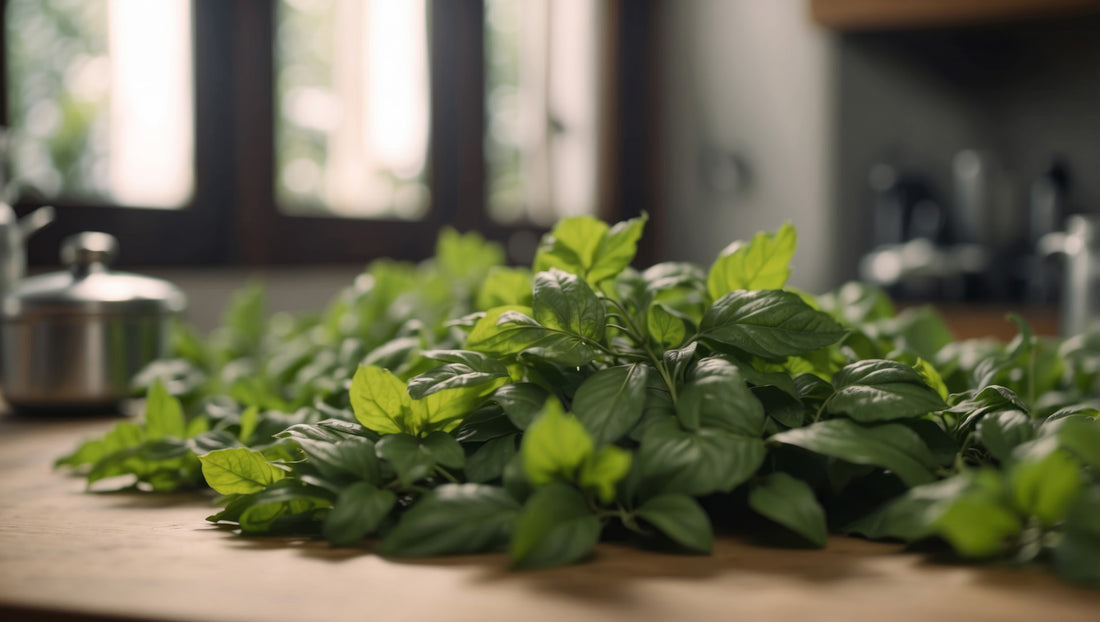 Holy Basil sitting on a kitchen counter.