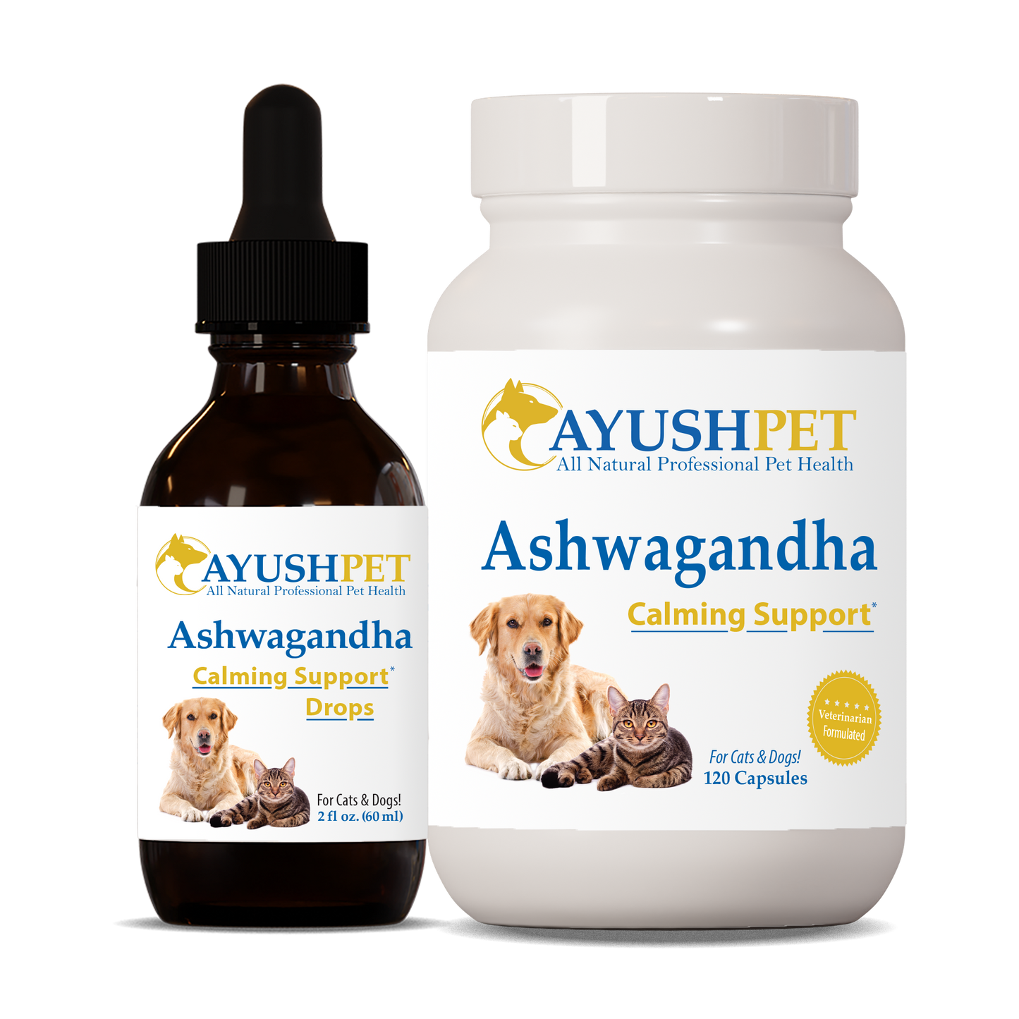 Pet Ashwagandha capsules and drops known for its adaptogenic properties to support your pet’s ability to adapt to stress by ruved herbal supplements and ayush herbs