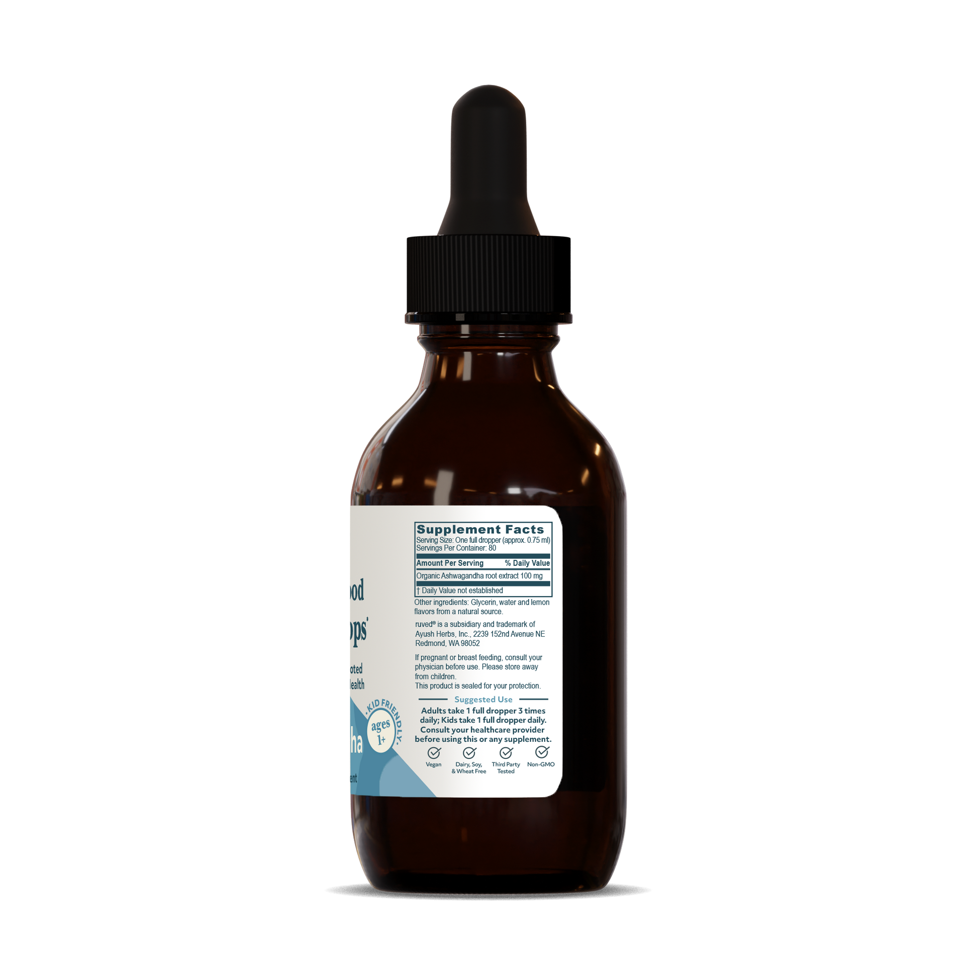 Ashwagandha Drops Supplement Facts Side - Organic Herbal Extract Tincture, 60ml Bottle, Stress Relief and Energy Support.