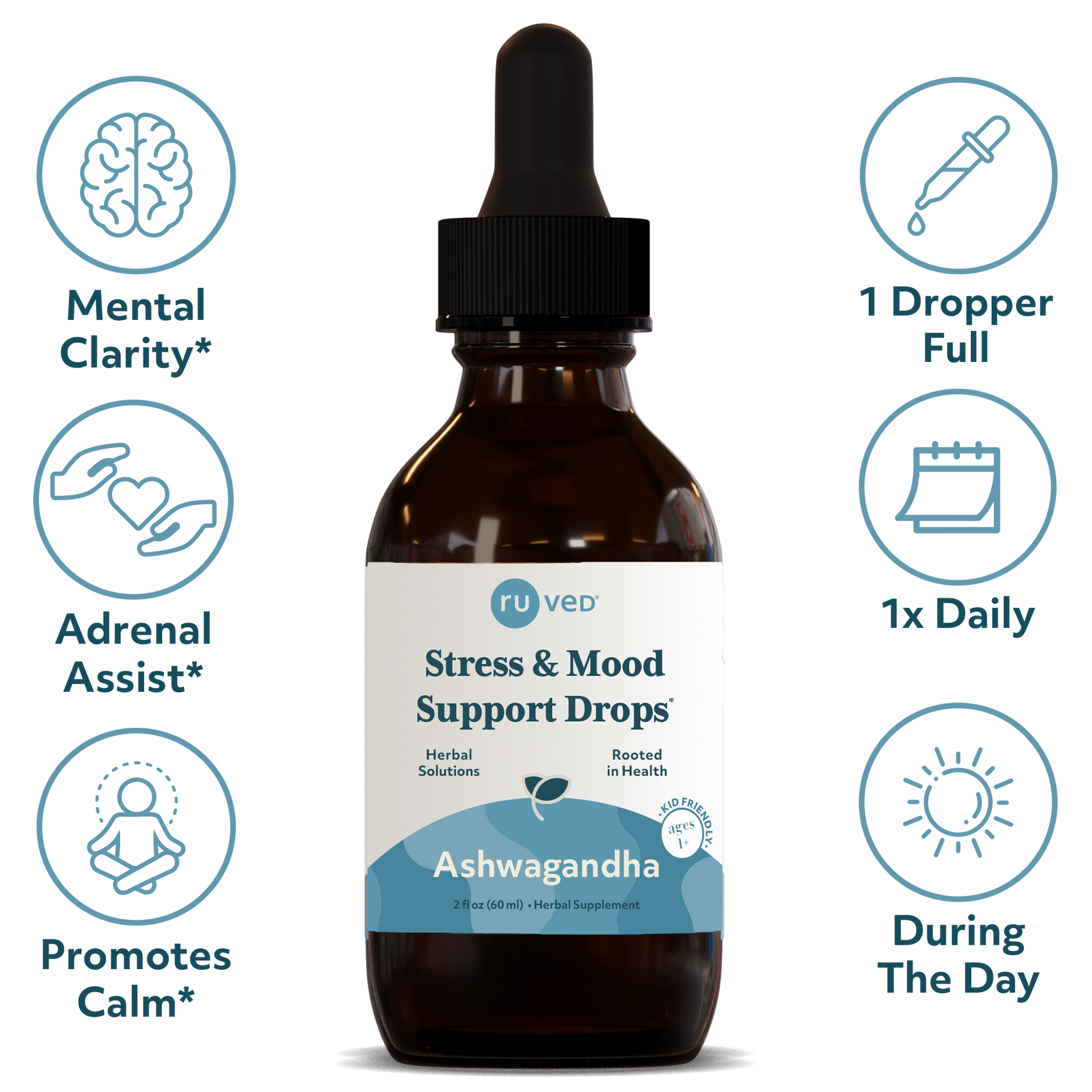 Ashwagandha Drops Infographics - Organic Herbal Extract Tincture, 60ml Bottle, Stress Relief and Energy Support.