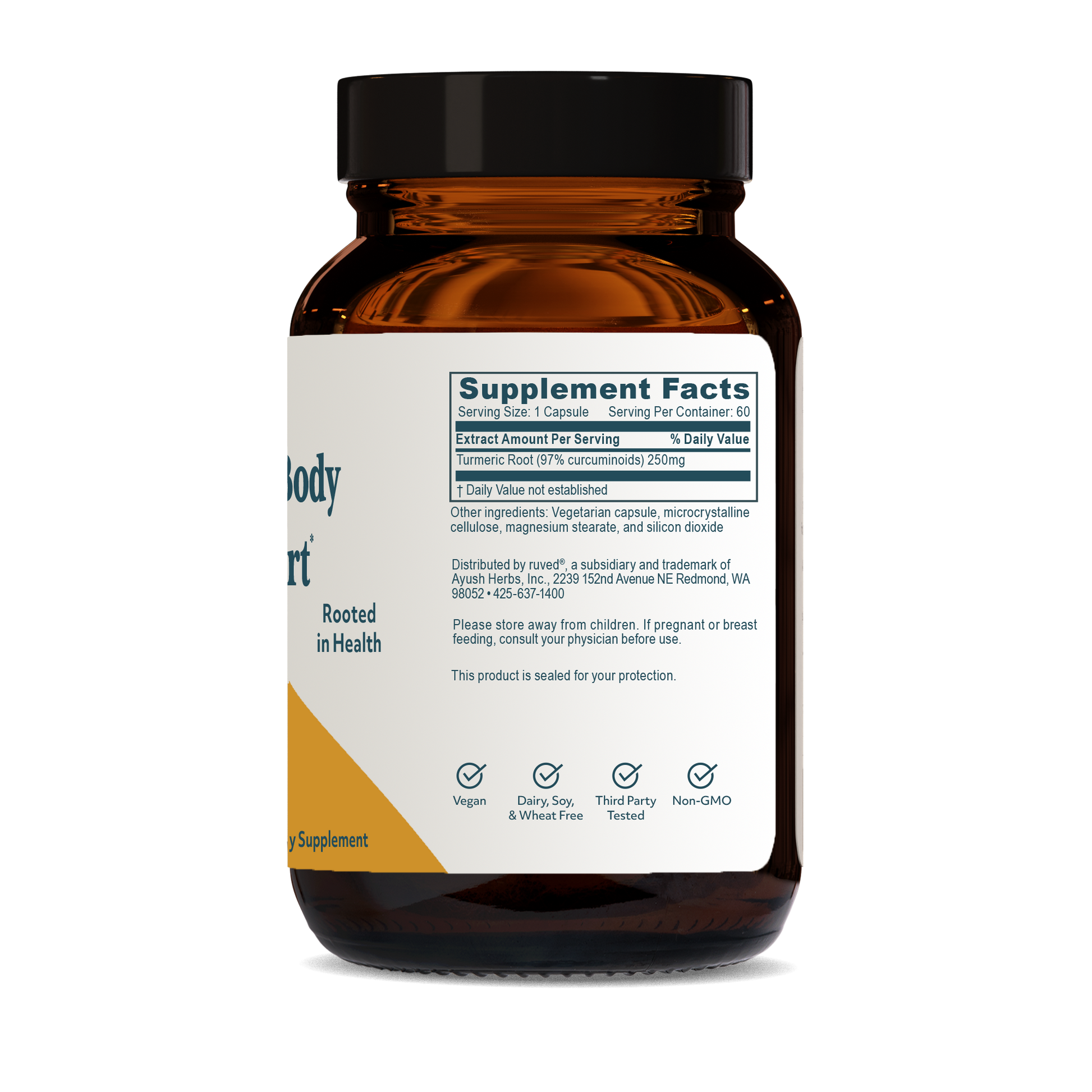 Curcumin Capsules Supplement Facts Side - Organic Turmeric Extract, 60 Vegetarian Capsules, Natural Anti-Inflammatory and Antioxidant Support.