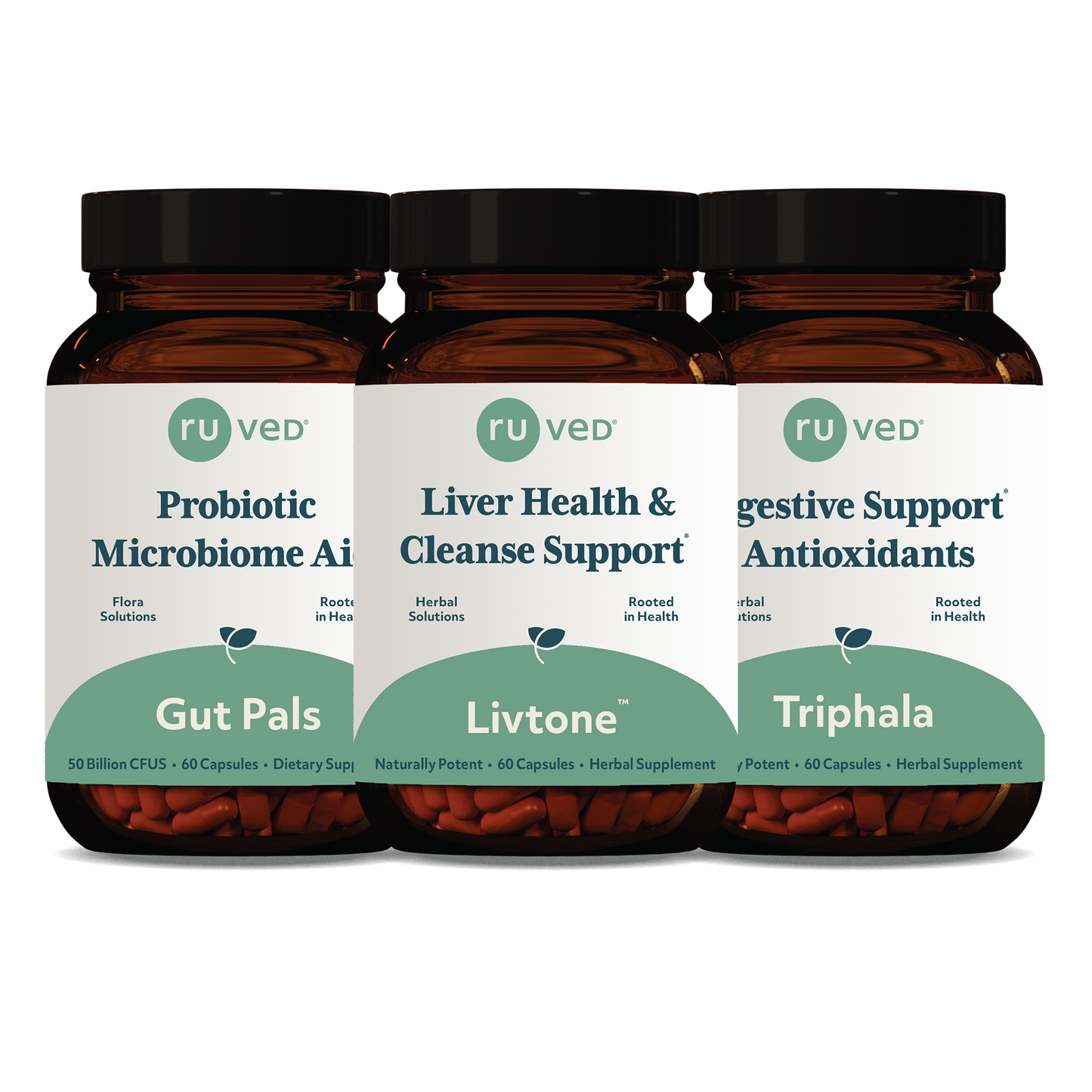 Gut Pals Livtone & Triphala bundle Bottles front by ruved herbal supplements