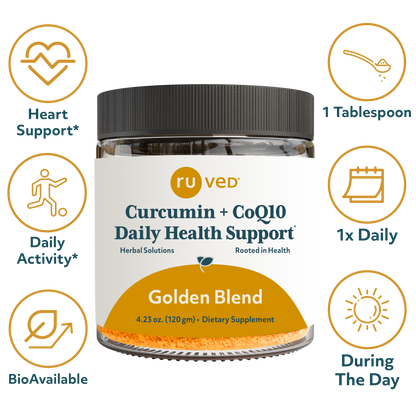 Golden Blend Cocurcumin Powder Infographics - Organic Turmeric Curcumin Blend, 120g Glass Jar, Natural Anti-Inflammatory, and Antioxidant Supplement.