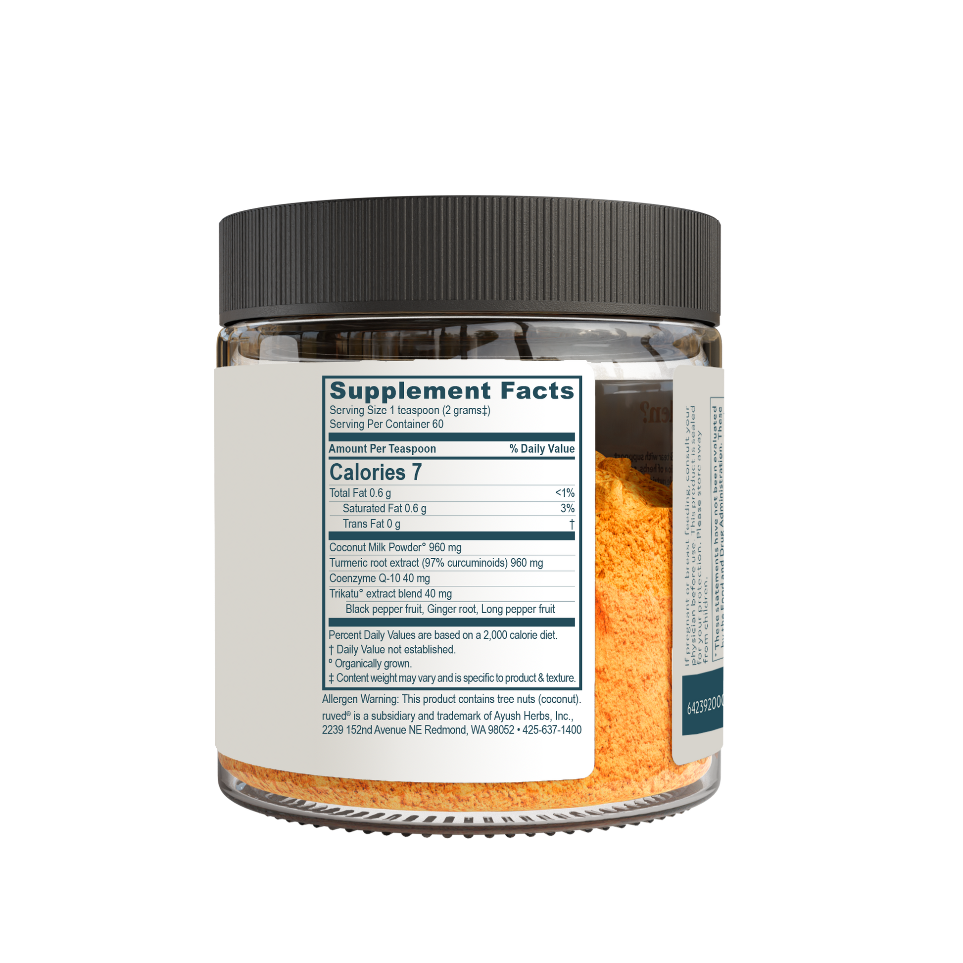 Golden Blend Cocurcumin Powder Supplement Facts Side - Organic Turmeric Curcumin Blend, 120g Glass Jar, Natural Anti-Inflammatory, and Antioxidant Supplement.