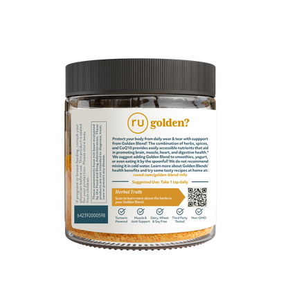 Golden Blend Cocurcumin Powder Description Side - Organic Turmeric Curcumin Blend, 120g Glass Jar, Natural Anti-Inflammatory, and Antioxidant Supplement.