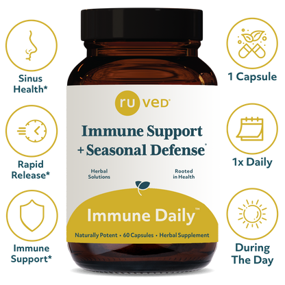 Immune Daily Capsules infographics - Ayurvedic Immune Digestion Formula, 60 Vegetarian Capsules, A Potent blend for Everyday Seasonal Defense Wellness.
