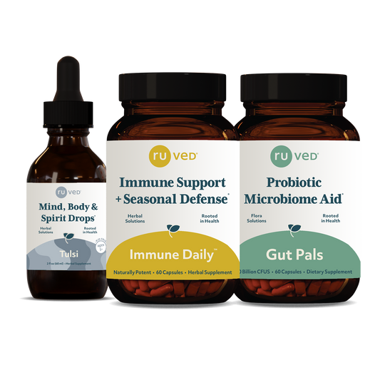 Tulsi Immune Daily & Gut Pals bundle Bottles front by ruved herbal supplements
