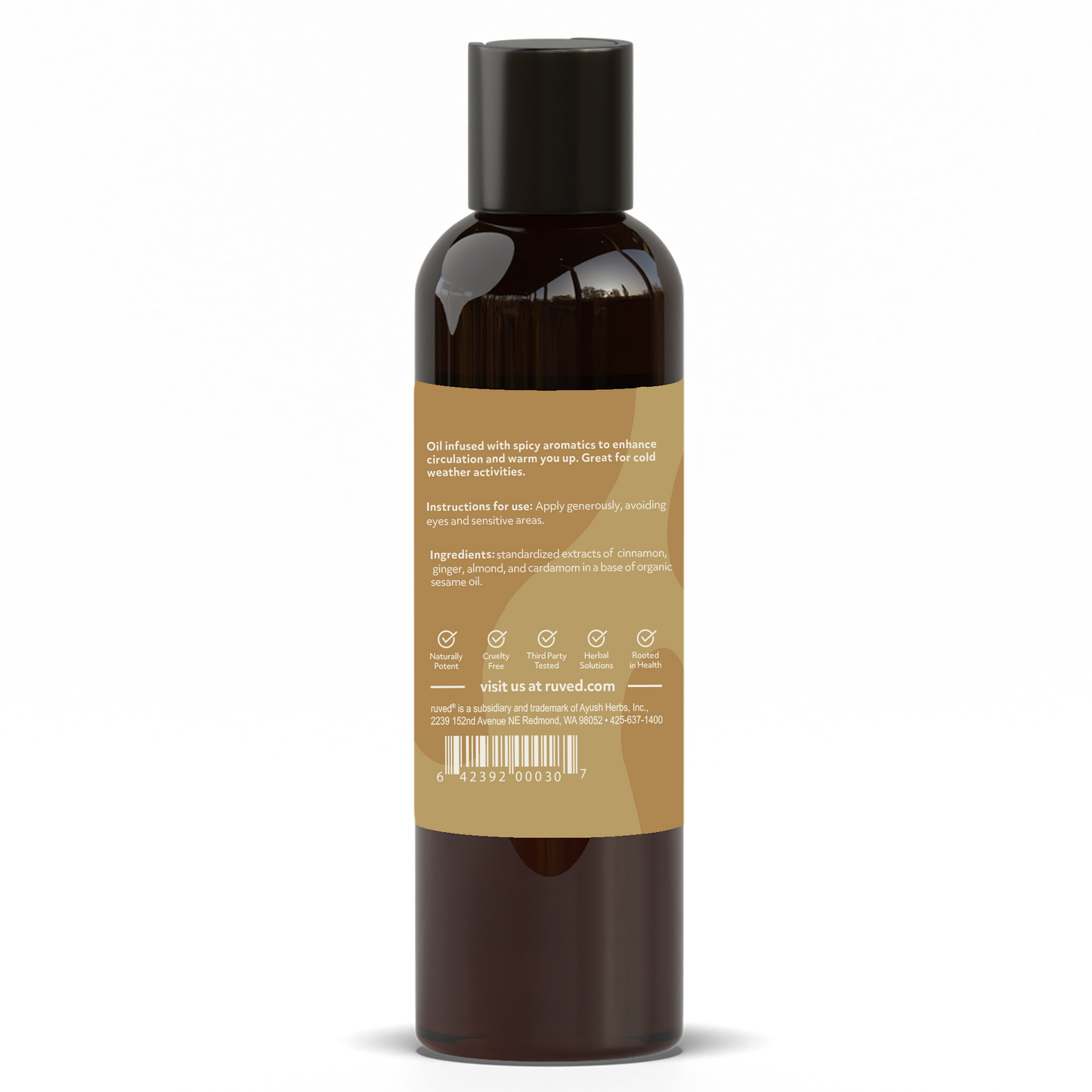Invigorating Massage Oil Supplement Facts Back Side - Luxurious blend of natural oils to Enhance Circulation on the skin, promoting spicy aromatics for a cold appearance. 100ml Bottle.