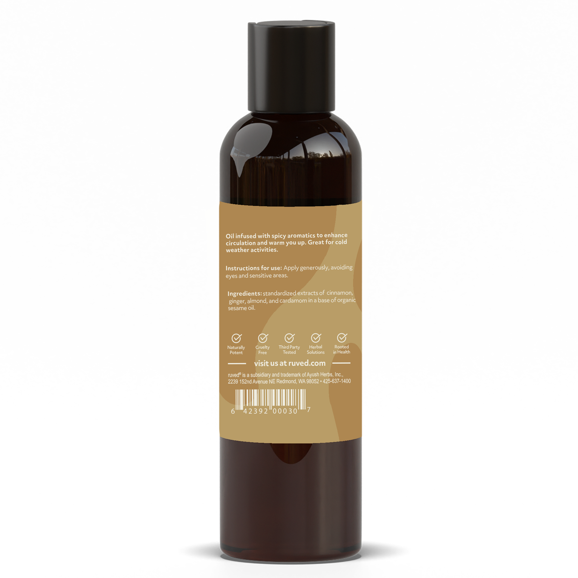 Invigorating Massage Oil Supplement Facts Back Side - Luxurious blend of natural oils to Enhance Circulation on the skin, promoting spicy aromatics for a cold appearance. 100ml Bottle.