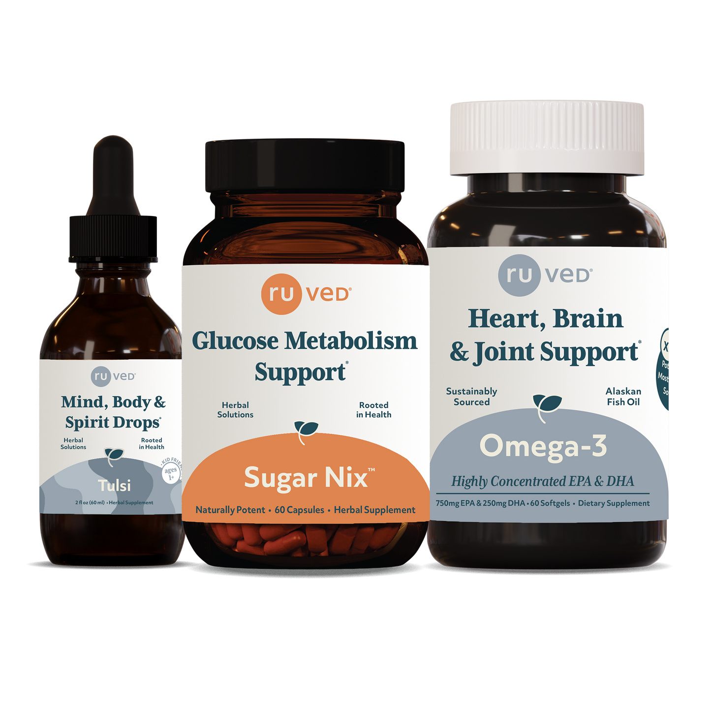 Tulsi Sugar Nix & Omega-3 bundle Bottles front by ruved herbal supplements
