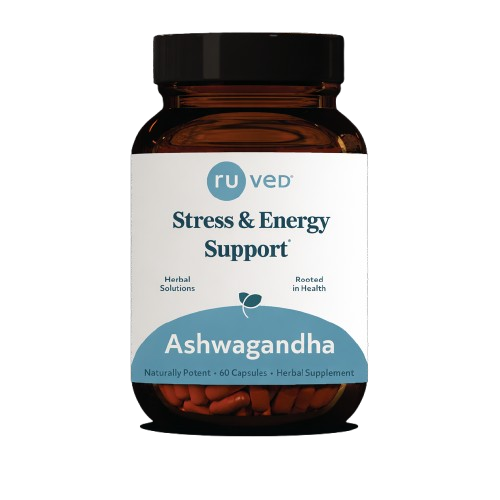 Vitamins bottle labeled 'Stress & Energy Support' with 'Ashwagandha' on a white background