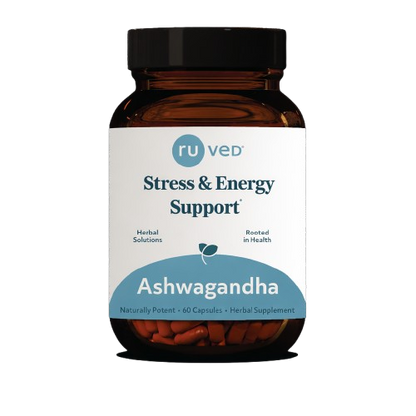 Vitamins bottle labeled 'Stress & Energy Support' with 'Ashwagandha' on a white background