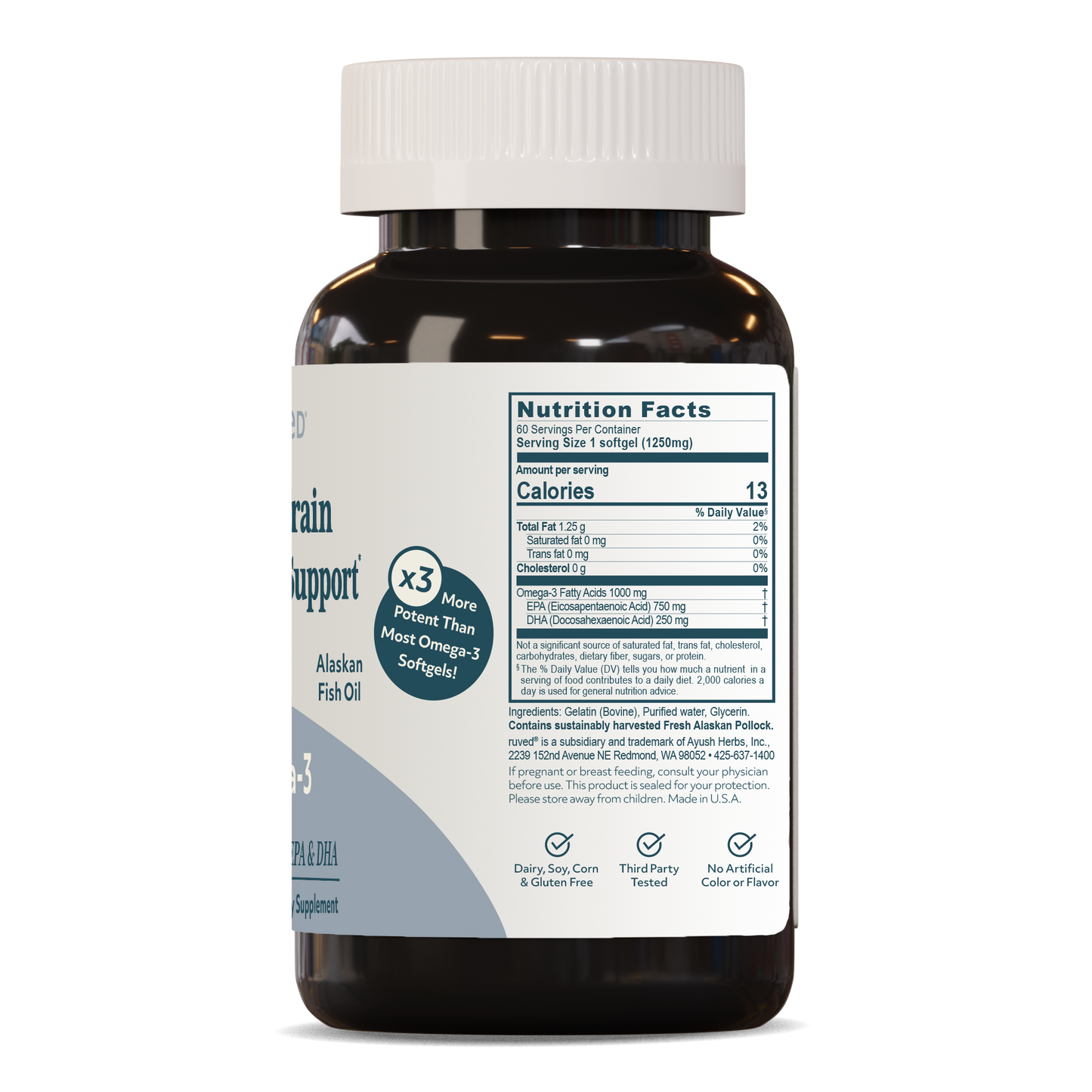 Omega-3 Softgels Supplement Facts Side - Essential Fatty Acid Supplement, 60 Softgels, Supports Heart Health and Brain Function.