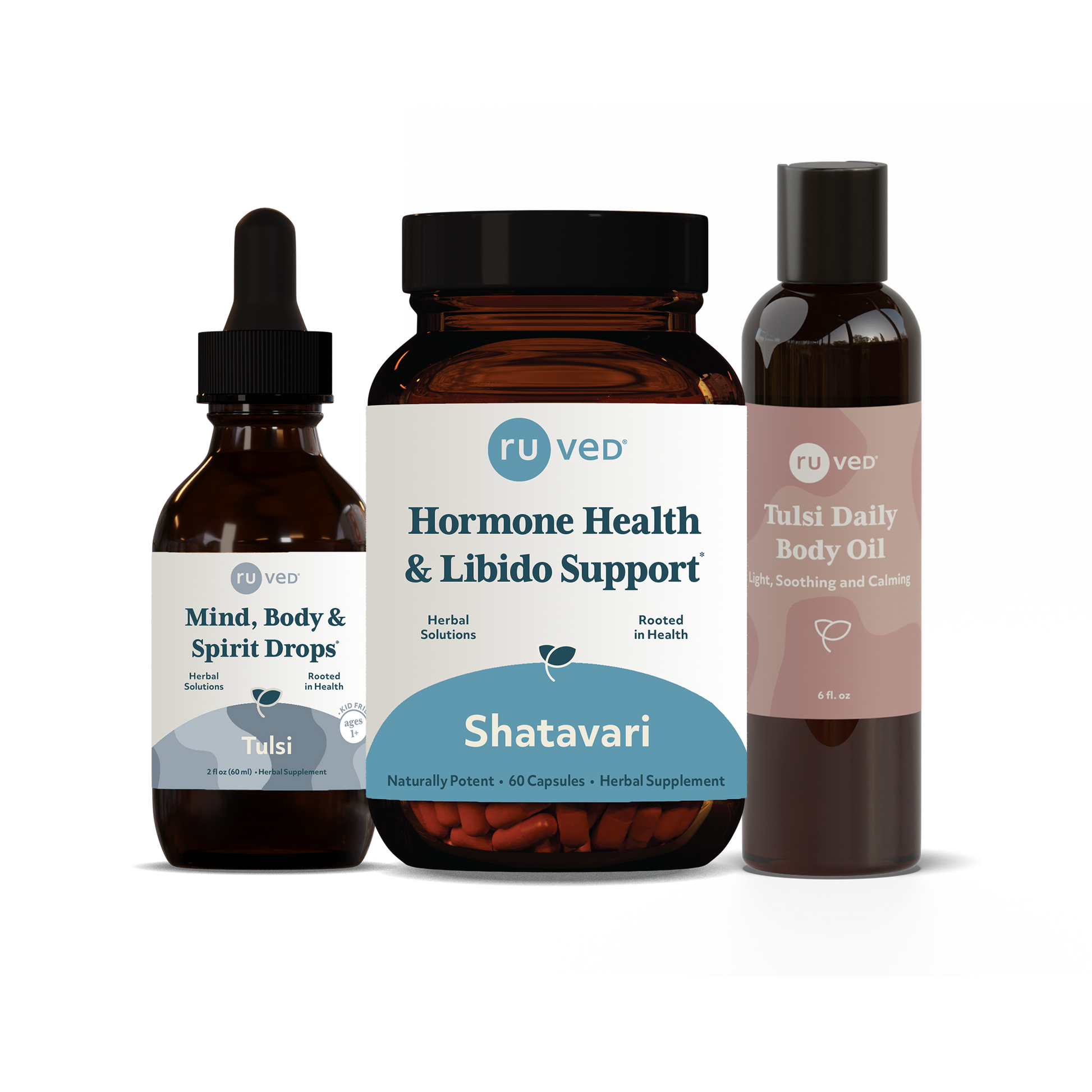 Absolute Radiance Bundle, 60 capsules, 60 ml drops, 6 fl. oz oil. Featuring 3 products: Shatavari, Tulsi Drops, and Tulsi Body Oil for Hormone and Libido Health and Calming Skin Wellness.