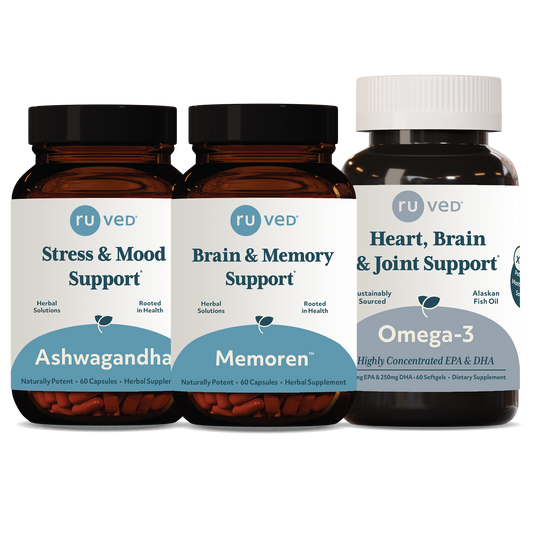 Ashwagandha Memoren & Omega-3 bundle Bottles front by ruved herbal supplements