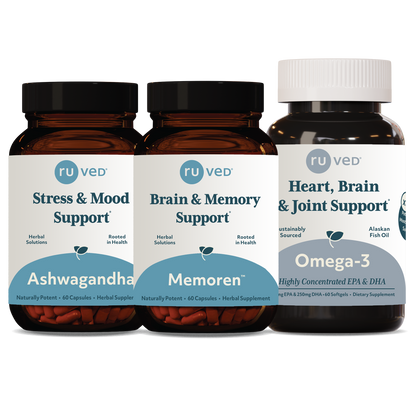Study Buddy Bundle, 120 Capsules & 60 Softgels. Featuring 3 Products: Ashwagandha, Memoren & Omega-3 for Essential Memory and Mood Wellness.