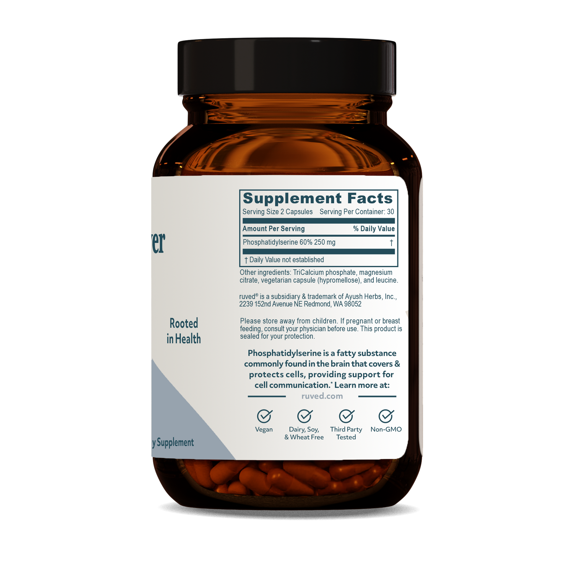 Phosphatidylserine Capsules Supplements Facts Side - Brain Health Supplement, 60 Softgel Capsules, Supports Cognitive Function and Memory.