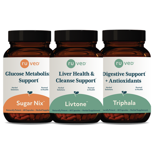 Sugar Nix, Livtone & Triphala bundle Bottles front by ruved herbal supplements