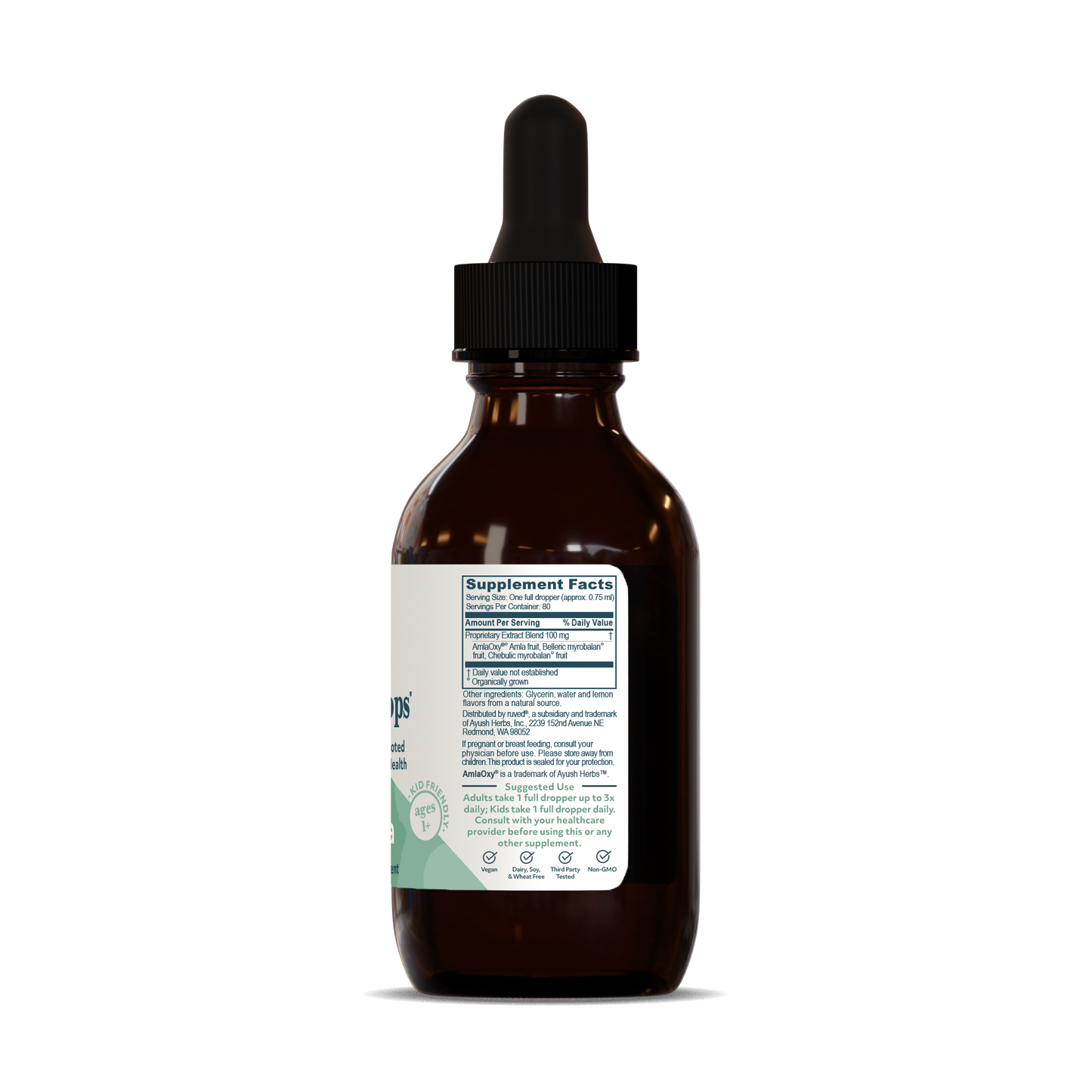 Triphala Drops Supplement Facts Side - Ayurvedic Digestive Support, 60ml Bottle, Herbal Blend for Gut Health and Digestion Detoxification.