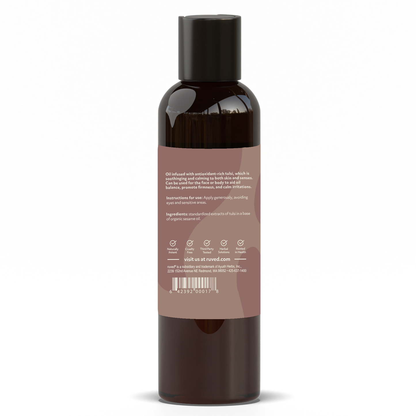 Tulsi Body Oil Supplement Facts Back Side- Organic Holy Basil Infused Oil, 100ml Bottle, Nourishing Herbal Skincare for Radiant Skin.