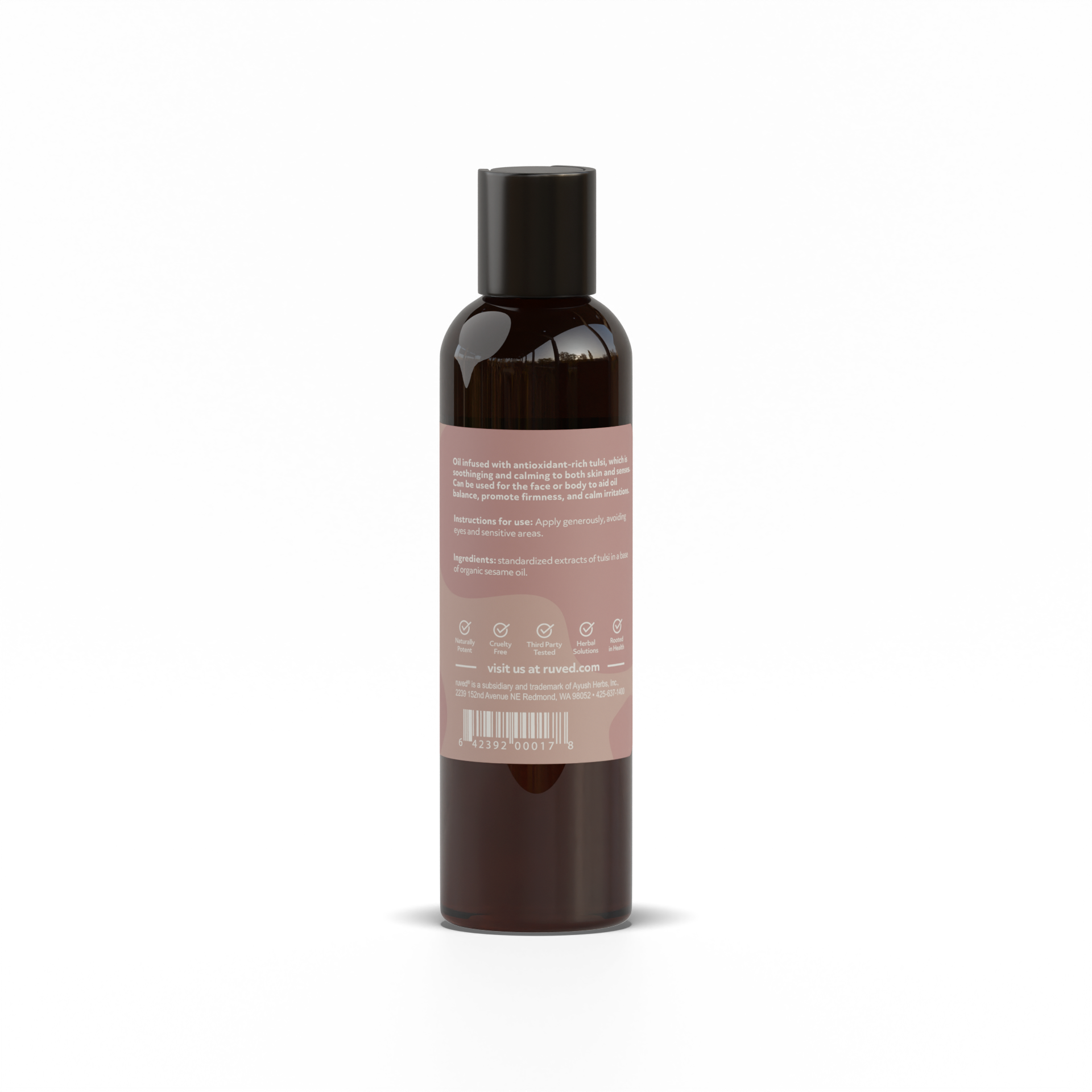 Tulsi Body Oil Supplement Facts Back Side- Organic Holy Basil Infused Oil, 100ml Bottle, Nourishing Herbal Skincare for Radiant Skin.