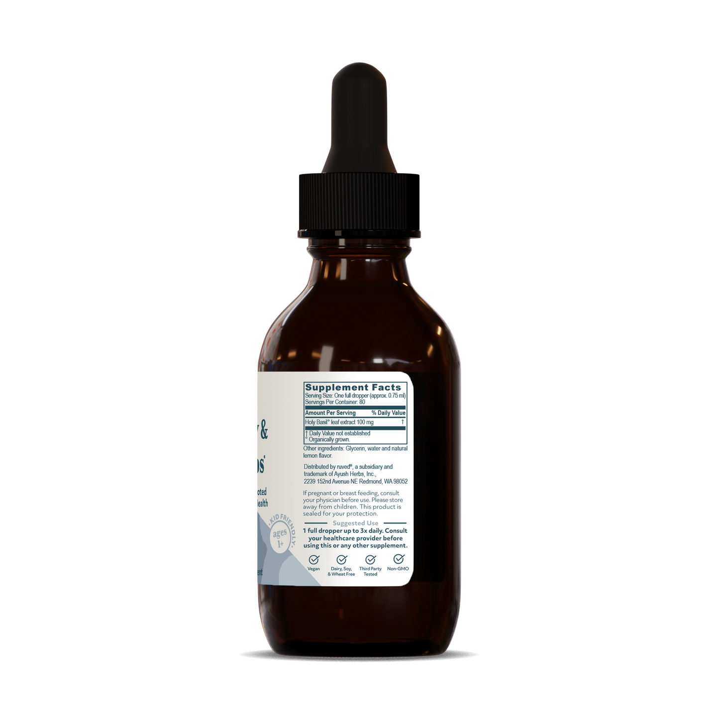 Tulsi drops Supplement Facts Side - Organic Holy Basil Extract Tincture, 60ml bottle, herbal remedy for stress relief and immune support.
