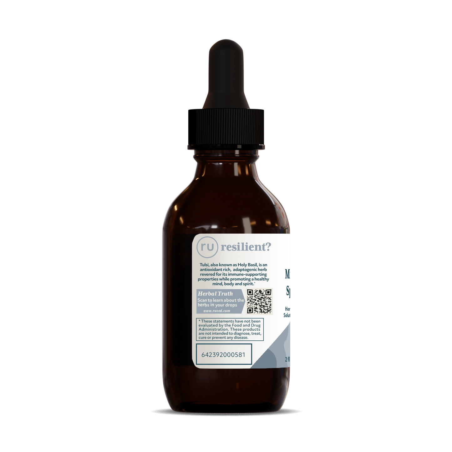 Tulsi drops Description Side - Organic Holy Basil Extract Tincture, 60ml bottle, herbal remedy for stress relief and immune support.