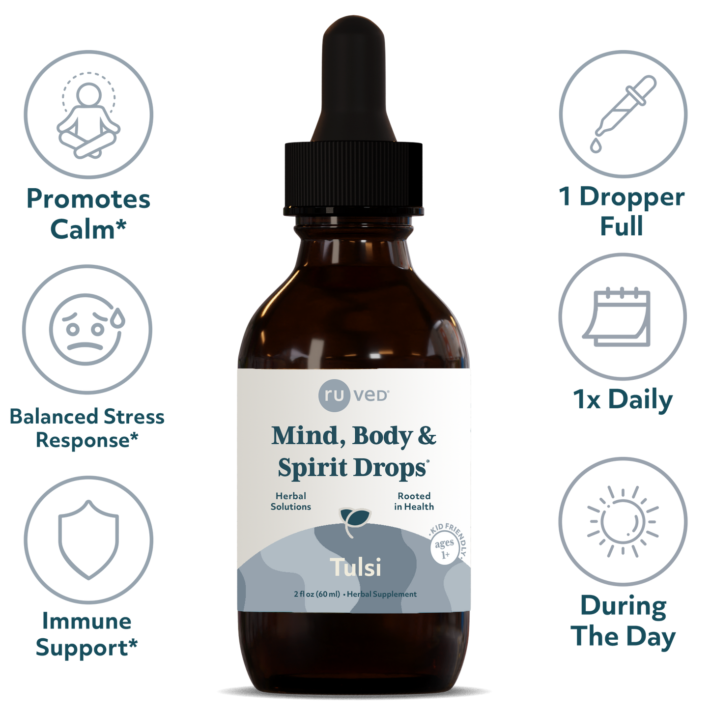 Tulsi drops Infographics - Organic Holy Basil Extract Tincture, 60ml bottle, herbal remedy for stress relief and immune support.
