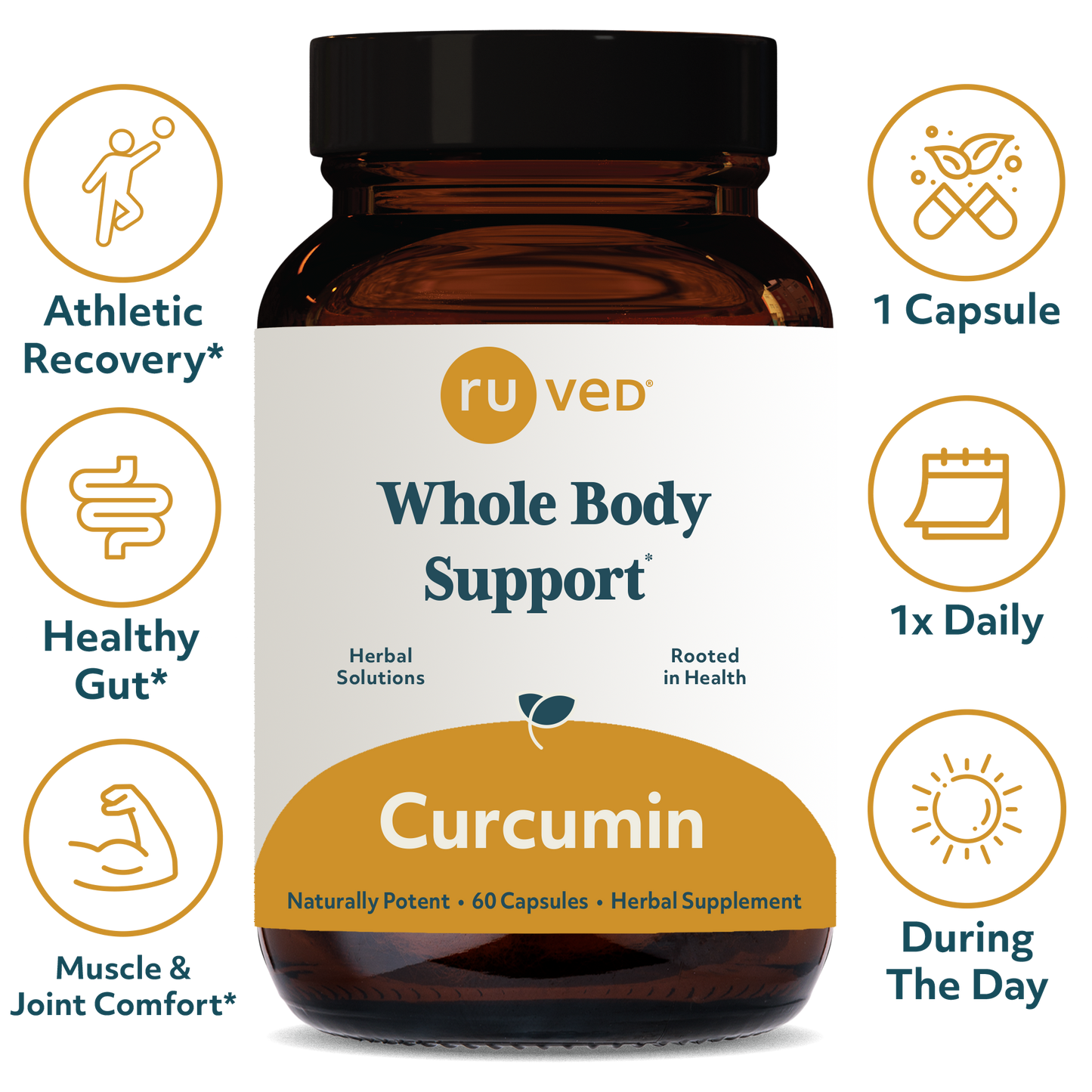 Curcumin Capsules Infographics - Organic Turmeric Extract, 60 Vegetarian Capsules, Natural Anti-Inflammatory and Antioxidant Support.