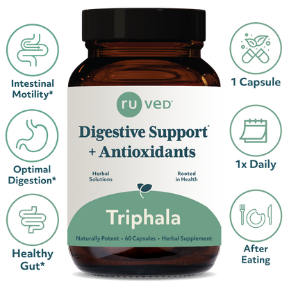 Triphala Capsules Infographics - Ayurvedic Digestive Support, 60 Vegetarian Capsules, Herbal Blend for Gut Health and Digestion Detoxification.