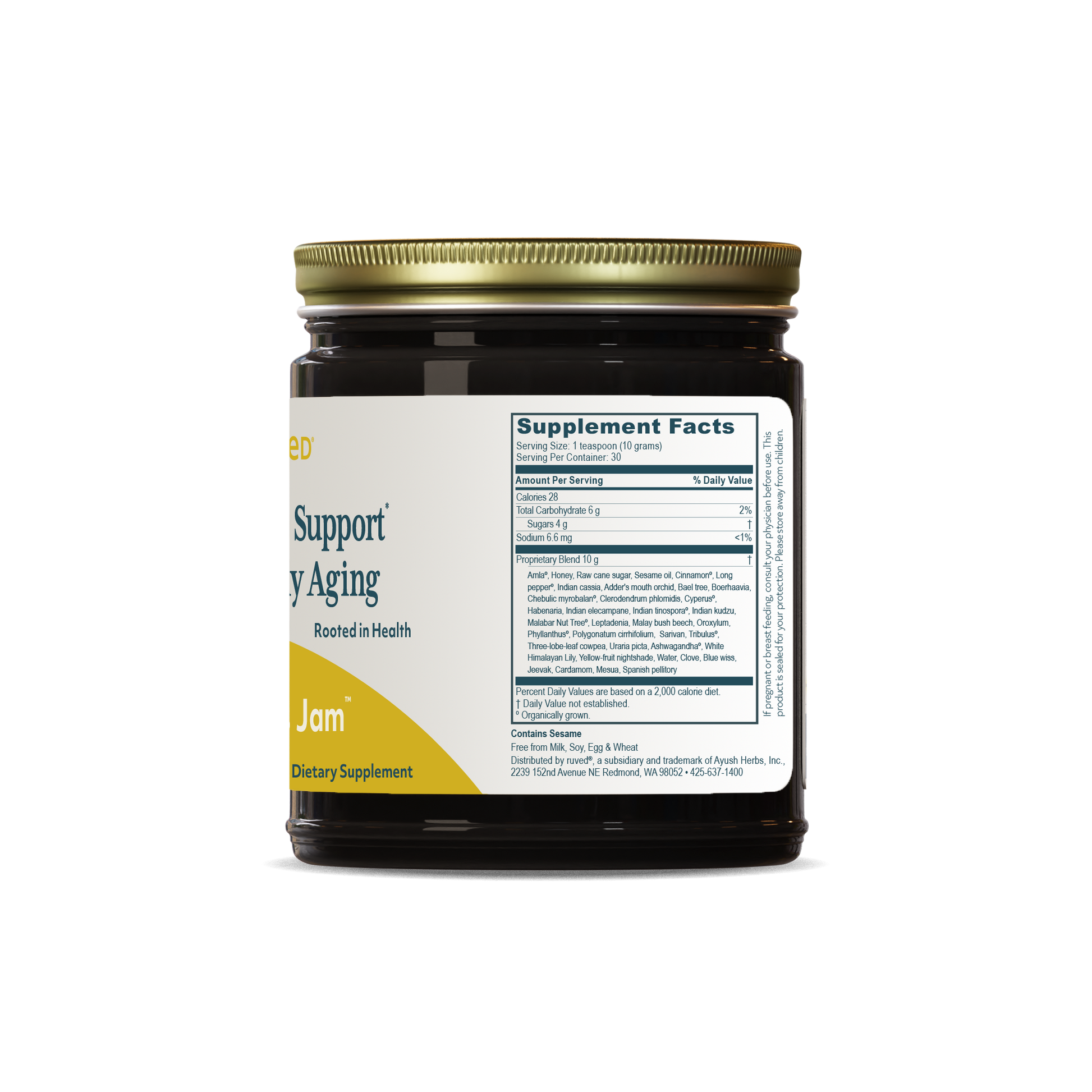 Wellness Jam Jar Supplement Facts Side - Finely crafted antioxidant-packed jam for Day Nourishment - 300 gm Jar, Perfect for Immune Support + Healthy Aging with ingredients like Honey and Amla.