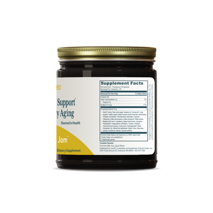 Wellness Jam Jar Supplement Facts Side - Finely crafted antioxidant-packed jam for Day Nourishment - 300 gm Jar, Perfect for Immune Support + Healthy Aging with ingredients like Honey and Amla.