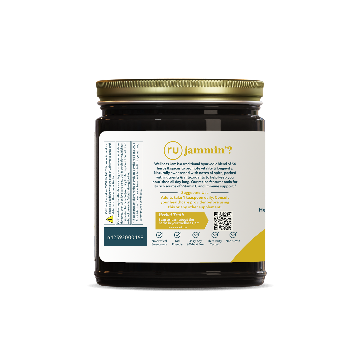 Wellness Jam Jar Description Side - Finely crafted antioxidant-packed jam for Day Nourishment - 300 gm Jar, Perfect for Immune Support + Healthy Aging with ingredients like Honey and Amla.