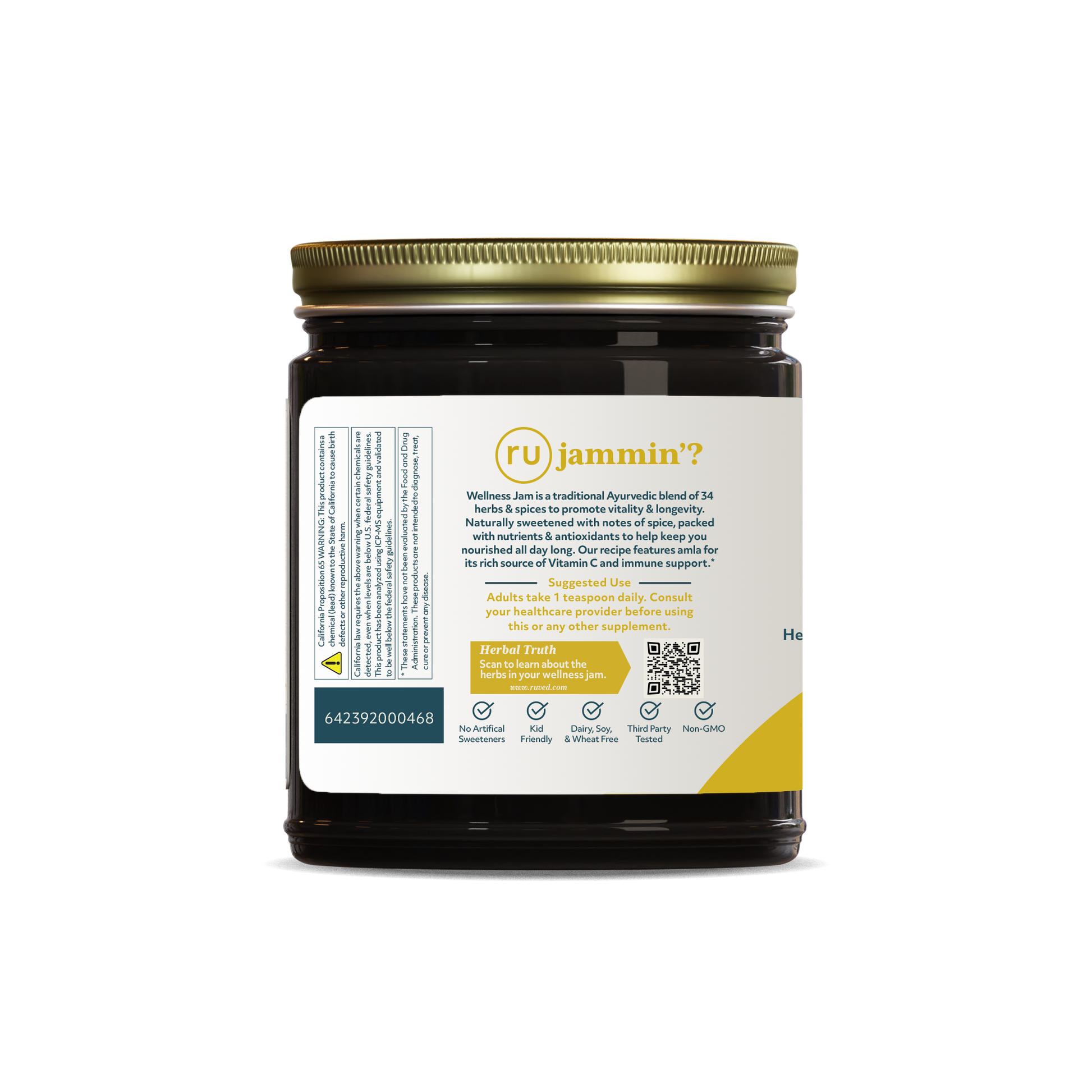 Wellness Jam Jar Description Side - Finely crafted antioxidant-packed jam for Day Nourishment - 300 gm Jar, Perfect for Immune Support + Healthy Aging with ingredients like Honey and Amla.